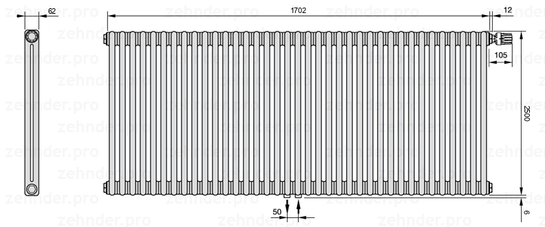 Схема (чертеж) Радиатор Zehnder Charleston 2250/37 №V008 Белый глянцевый RAL 9016